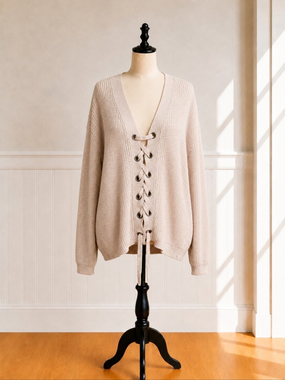 •Miracle Women's Lace-Up Cream Sweater